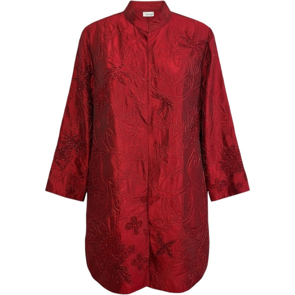 Vintage Spiegel Red Silk Beaded Embroidered Duster Jacket 1X Artsy Whimisgoth